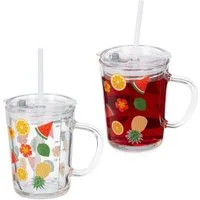 relaxdays Kinderbecher 2er Set Kindergläser mit Früchte-Motiv, Glas