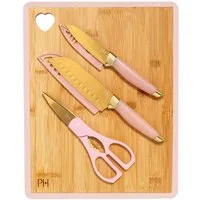 Paris Hilton Schneidebrett Paris Hilton, Küchenhelfer-Set, 6-teilig, Bambus, (Set, 6-St., 1 Santoku- u. 1 Schälmesser, 2x Klingenschutz, Schere, Schneidbrett), Schneidbrett-Set, Messer-Set, Bambusbrett mit Herz-Design