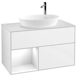 Villeroy und Boch Finion Waschtischunterschrank G891GFGF 100cm, Abdeckplatte white matt, Emotion, Regale Glossy white lacquer, Glossy white lacquer