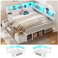 MSMASK Daybett Schlafsofa mit LED-Beleuchtung & Ladestation, Jugendbett Kinderbett, mit Integriertem Bücherregal & 6 Schubladen, 140x200cm