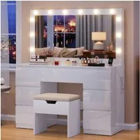 HOMALL Schminktisch Großer Schminktisch, Maße 115/120 x 40 x 140 cm, mit Schmuckschrank (LED-Beleuchtung und Steckdosen, 105 cm groBer Spiegel, mit 7 Schubladen, optional mit Hocker)