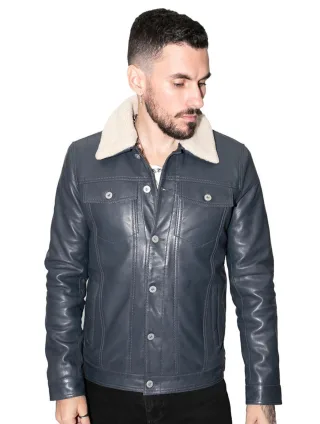 Herren-Truckerjacke aus Leder mit abnehmbarem Kragen-Zagreb
