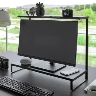 Yamazaki Monitorständer 2 Ebenen platzsparend Tower – Metall schwarz. Edler schwarzer Schreibtisch-Organizer für ergonomisches Arbeiten und Ordnung.