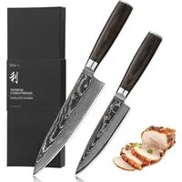 Wakoli Messer-Set EDIB Essentials 2er Set Damast Chefmesser I Kochmesser 13/20cm Klinge (Damastmesser mit Geschenkbox, 2-tlg., 2er Chefmesser-Set), VG10 Kern, 67 Lagen Damaststahl, Pakkaholzgriff, inkl. Geschenkbox