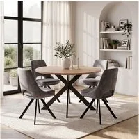 Jiexi Essgruppe Runder Esstisch 110cm MDF Set mit 4 Flanell Stühlen Kreuzgestell