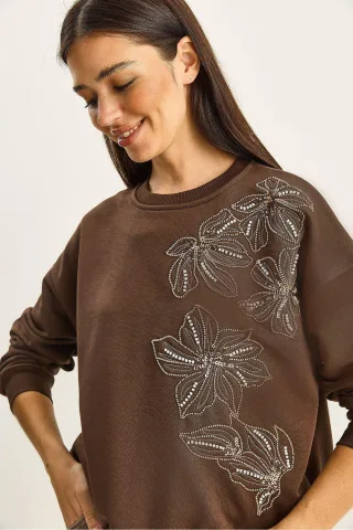 Blumenverzierte Rundhalsausschnitt Lockeres Sweatshirt