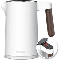 Arendo Wasserkocher Edelstahl, Temperatureinstellung 40° - 100 °C mit Anzeige, Doppelwand, 1,5 l, 2200 W, Warmhaltefunktion, 360° Basis, mit Griff in Holzoptik, BPA-frei