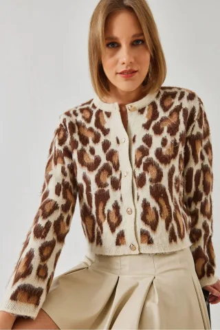 Leopardmuster Kurzer Cardigan mit Knopfverschluss