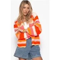SASSYCLASSY Cardigan Cardigan mit mehrfarbigen Streifen für Damen Offene Strickjacke mit gerippten Bündchen und extra langen Ärmeln