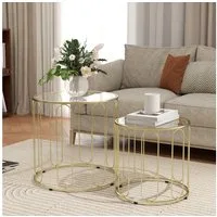 HOMCOM Couchtisch Beistelltisch Set Sofatisch mit geometrischem Metallrahmen, Glasplatte (Wohnzimmertisch, 2-St., Kaffeetisch), für Wohnzimmer, Gold