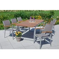 MERXX Garten-Essgruppe Naxos, (7-tlg., 6x Stapelsessel, 1x Ausziehtisch 150(200)x90 cm), Aluminium, Textilbespannung aus 100 % Polyester, Akazienholz