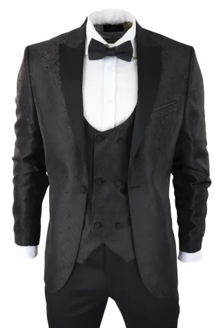 Schwarzer Herren-Smoking-Blazer, Brokat-Satin-Paisley-formelles Abendessen