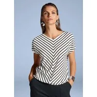 MADELEINE Kurzarmshirt Glanzshirt mit Streifenmuster Streifenbluse mit V-Ausschnitt, elastischem Saum und Kurzarm