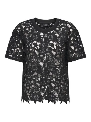 JDY - Kurzarm-Shirt aus Spitze mit Rundhalsausschnitt schwarz - Gr. - XS