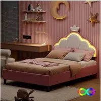 Gdood Polsterbett Kinderbett LED Prinzessinnenbett Kronenform (Set, Verstellbare Kopfteilhöhe, Sehr gut geeignet für Mädchen), inkl. LED-Beleuchtung, Samt, 90x200 cm