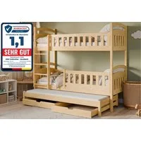 Kids Collective Etagenbett Hochbett Stockbett Kinderbett 90x200 cm mit Ausziehbett und Schubladen, Umbaubar zu 3 Einzelbetten mit Lattenrosten & Rausfallschutz, Natur
