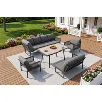 KLAM HOME Gartenlounge-Set Halbmond-Gartenlounge-Set 8 Personen, Eisengestell, graue Polster, (Outdoor Sofa Set mit Holzimitat-Glastisch & 2 geflochtenen Sesseln), Gartenmöbel-Set L-Form wetterfest für Garten, Terrasse & Balkon