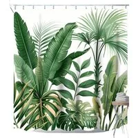 Agger Duschvorhang Grün Blätter Pflanzen Textil Duschvorhänge,Wasserabweisend Breite 180 cm, Waschbar Polyester Stoff Badevorhänge mit Ösen und Duschvorhangringe