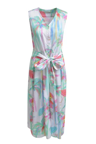 Milano Italy - sleeveless v-neck mididress, placket, wide skirt + belt sand print - Gr. - 38