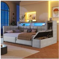 Merax Daybett mit LED Lichtleiste, USB, Typ-C & Bettkasten, Samt (Schlafsofa Sofabett Jugendbett Kinderbett Einzelbett, 1 tlg), Tagesbett 90x200cm mit hydraulischem Stauraum,Ablagefach,Stauraumbank