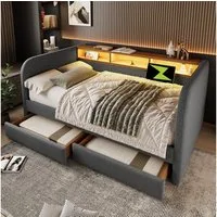 Flieks Polsterbett, LED Daybett Kinderbett 140x190cm mit Ladefunktion und 2 Schubladen