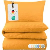 Carpe Sonno Bettwäsche Seersucker 135x200 155x220 Bügelfrei Sommer Bettbezug 100% Baumwolle, Seersucker, 2 teilig, Hochwertig Leichte Bettwaren Bügelfrei Reißverschluss Orange 155 x 220