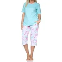 Normann Pyjama Normann Damen Capri-Pyjama kurzarm Shorty – Schleifen & Rosen-Design