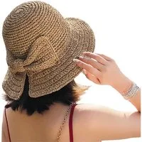 Zaewry Sonnenhut Strohhut für den Strand, Sommermütze mit Schleife Strohhut zum Krempeln und faltbar