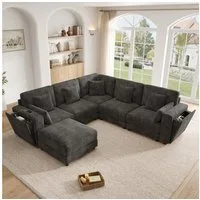 Merax Ecksofa Modulares 6-Sitzer Sofa mit USB & Type-C, Chenille Couch, 215 x 215 x 82 cm 1 Teile, L-/U-Form Sofa mit Hocker, Getränkehaltern, Stauraum & 7 Kissen