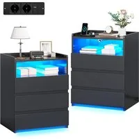 MSMASK Nachttisch mit 3 Schubladen, Steckdosenleiste und LED-Beleuchtung (2-St), Nachtschrank, Beistelltisch, 40x35x60cm