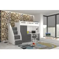 thematys Etagenbett 80x200cm mit Treppe, Schrank und Schreibtisch Hochglanz (für Jungen und Mädchen, Jugendbett, Kleiderschrank, Kinderzimmer, 3 in 1, 180cm x 130cm x 259cm)