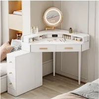 BBWL Schminktisch Eck Schminktisch mit LED Spiegel weiß, drehbar & dimmbar, 5 Schubladen, USB & USB-C, platzsparend 105,5 cm