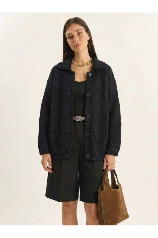 Strukturierter Polo-Kragen Knopf-Cardigan