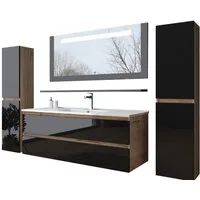 Homeline Badezimmer-Set Badmöbel Set 90 cm Eiche / Schwarz Kaiser Mit Danny Spiegel schwarz, (Badezimmer Möbel, Bad Möbelset)