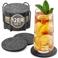 Loco Bird Getränkeuntersetzer 12er Set inkl. Halterung rund aus Filz, Zubehör für Getränke, Tassen, Bar, Glas, Design Glasuntersetzer in dunkelgrau, Tischuntersetzer Filzuntersetzer