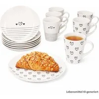 MamboCat Frühstücks-Geschirrset MamboCat Cupid 12tlg Frühstücksset Becher Teller Herz Streifen, Porzellan