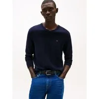 Tommy Hilfiger Strickpullover ESSENTIAL COTTON V NECK mit V-Ausschnitt und Stickerei unifarben, casual, regular fit, Baumwolle, V-Ausschnitt