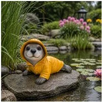 Online-Fuchs Gartenfigur für draußen - Seehund im Regenmantel - Teichdeko - 30 cm groß, (Robbe), aus hochwertigem Kunstharz gefertigt - wetterfest