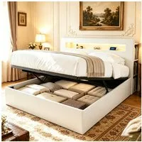 OKWISH Funktionsbett Holzbett Stauraumbett (mit Stauraum, hydraulischem Hubsystem, LED-Kopfteil und integrierten Steckdosen), ohne Matratze