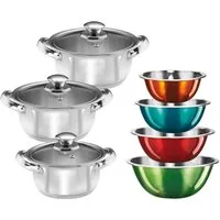 KING Topf-Set EDELSTAHL, Edelstahl (Set, 10-tlg., 3 Töpfe Ø 16/18/20 cm inkl. Glasdeckel, 4 Schüsseln), Induktion