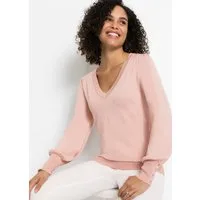 bonprix Strickpullover aus Viskose-Mix, mit V-Ausschnitt, Ballonärmel mit Zierknöpfen