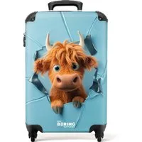 NoBoringSuitcases.com© Kinderkoffer Cartoonistische Kuh durchbricht Wand 55x35x20cm, 4 Rollen, Kinder Koffer Klein, Trolley Handgepäck, Reisekoffer
