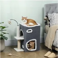 PawHut Kratzbaum Plüsch, für Katzen unter 5 kg, 2-stöckiges Haus, Sisalpfosten, Grau