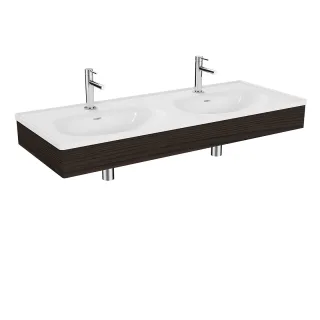 VitrA Equal Set Doppelwaschtisch 130 cm mit Holzblende 2 Becken 2 Hahnlöcher Weiß Hochglanz,81087 81087