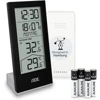 ADE Tischuhr digital mit Außensensor, Temperatur & Wochentag Funkwetterstation (mit Kalender & Trendanzeige, inkl. 4 AAA Batterien)