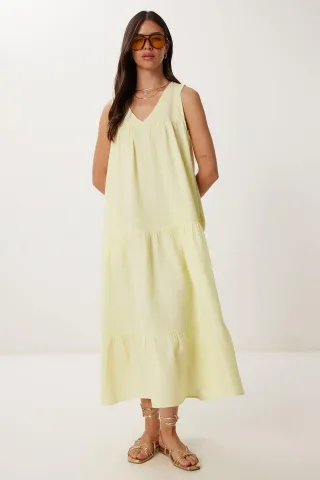 Rüschenshirt Midi Kleid mit V-Ausschnitt