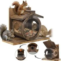 PRIISF Eichhörnchenkobel Eichhörnchen Futterhaus Wetterfest Futterstation aus Langlebigem Holz, Eichhörnchenhaus Aufhängbar Mit 2 Eingängen & 2 Sitzplattformen