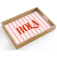 OnlyWow Tablett Rechteckig mit Henkel Hola - Zitat - Streifen - Pastell - Rosa - Rot -, Eichenholz, (1-tlg), Siervierplatte, Tray, Frühstücksbrett