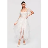 OMBRE Abendkleid Cocktailkleid Spitze Tüll Midi Weiß S (kein Set, 1-tlg) Mehrlagiger Tüllrock, florale Spitze