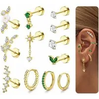 LuxusKollektion Piercing-Set Piercings 12er Set Helix Tragus Conch Ohrstecker CZ Gold-grüncz